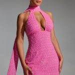 Embellished Scarf-Detail Halterneck Mini Dress in Hot Pink