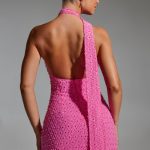 Embellished Scarf-Detail Halterneck Mini Dress in Hot Pink - Image 2