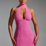 Embellished Scarf-Detail Halterneck Mini Dress in Hot Pink - Image 5