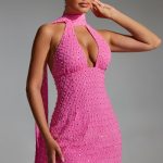 Embellished Scarf-Detail Halterneck Mini Dress in Hot Pink - Image 7