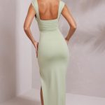 High Split Plunge Neck Maxi Dress in Sage - Image 3