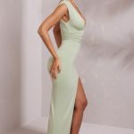High Split Plunge Neck Maxi Dress in Sage - Image 6