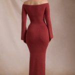 Ribbed-Knit Off-Shoulder Maxi Dress in Brick Red - Image 3