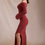 Ribbed-Knit Off-Shoulder Maxi Dress in Brick Red - Image 4