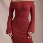 Ribbed-Knit Off-Shoulder Maxi Dress in Brick Red - Image 5