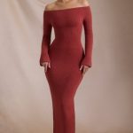 Ribbed-Knit Off-Shoulder Maxi Dress in Brick Red - Image 6