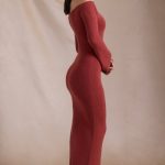Ribbed-Knit Off-Shoulder Maxi Dress in Brick Red - Image 7