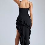 Panelled Ruffle Evening Gown in Black - Image 2