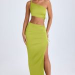 Ruched Asymmetric-Waist Maxi Skirt in Pear Green - Image 4