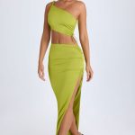 Ruched Asymmetric-Waist Maxi Skirt in Pear Green - Image 5