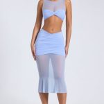 Sheer Panelled Draped Midaxi Skirt in Periwinkle Blue - Image 6
