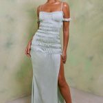 Shirred Thigh High Split Maxi Dress in Pastel Green