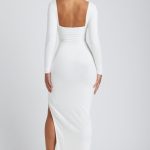 Modal Plunge Neck Long Sleeve Maxi Dress in White - Image 2