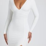 Modal Plunge Neck Long Sleeve Maxi Dress in White - Image 4