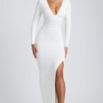 Modal Plunge Neck Long Sleeve Maxi Dress in White - Image 6