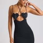 Embellished Heart Cup Detail Mini Dress in Black