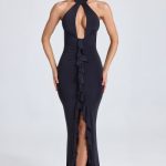 Halterneck Ruffle-Trim Gown in Black