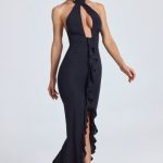 Halterneck Ruffle-Trim Gown in Black - Image 6