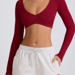 Ribbed Modal Long-Sleeve Crop Top in Burgundy - Image 4