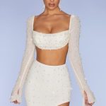Embellished Cowl Neck Crop Top in Ivory