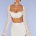 Embellished Cowl Neck Crop Top in Ivory - Image 4