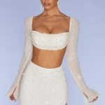 Embellished Cowl Neck Crop Top in Ivory - Image 6