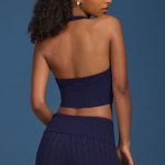 Cable-Knit Halterneck Crop Top in Navy - Image 2
