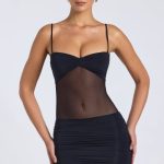Sheer Panelled Ruched Mini Dress in Black
