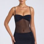 Sheer Panelled Ruched Mini Dress in Black - Image 5