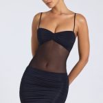 Sheer Panelled Ruched Mini Dress in Black - Image 6