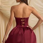 Convertible Bow-Detail Bubble Hem Midaxi Dress in Wine Red - Image 6