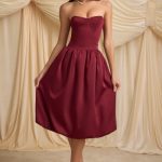 Convertible Bow-Detail Bubble Hem Midaxi Dress in Wine Red - Image 9
