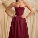 Convertible Bow-Detail Bubble Hem Midaxi Dress in Wine Red - Image 10