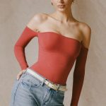 Seamless Off-Shoulder Long-Sleeve Bodysuit in Brick Red - Image 2