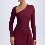 Modal Asymmetric A-Line Mini Dress in Wine Red - Image 9