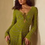 Long Sleeve Lace Up Mini Dress in Olive