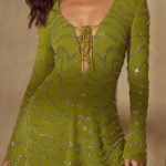 Long Sleeve Lace Up Mini Dress in Olive - Image 6