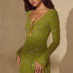 Long Sleeve Lace Up Mini Dress in Olive - Image 7