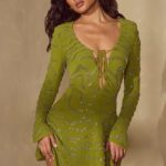 Long Sleeve Lace Up Mini Dress in Olive - Image 8