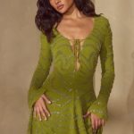 Long Sleeve Lace Up Mini Dress in Olive - Image 9