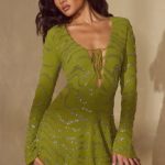 Long Sleeve Lace Up Mini Dress in Olive - Image 10