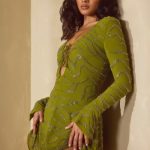 Long Sleeve Lace Up Mini Dress in Olive - Image 11