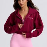 Cropped Zip-Up Hoodie in Burgundy
