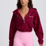 Cropped Zip-Up Hoodie in Burgundy - Image 7