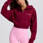Cropped Zip-Up Hoodie in Burgundy - Image 8