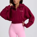 Cropped Zip-Up Hoodie in Burgundy - Image 9
