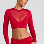Sheer Panelled Long Sleeve Crop Top in Fire Red