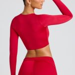 Sheer Panelled Long Sleeve Crop Top in Fire Red - Image 2