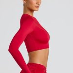 Sheer Panelled Long Sleeve Crop Top in Fire Red - Image 3