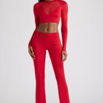 Sheer Panelled Long Sleeve Crop Top in Fire Red - Image 4